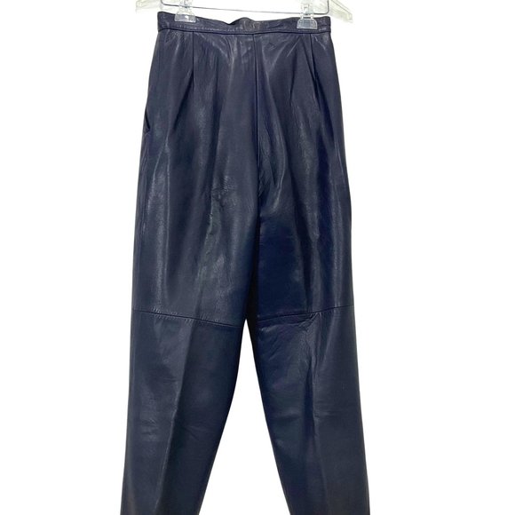 Vintage Blue Leather Pants Womens Pleated Front Side Pockets Cuffed Hem Sz Small - Picture 1 of 5